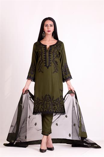 Mehndi Green Embroidered Net Ladies Readymade