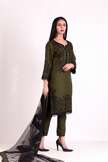 Mehndi Green Embroidered Net Ladies Readymade