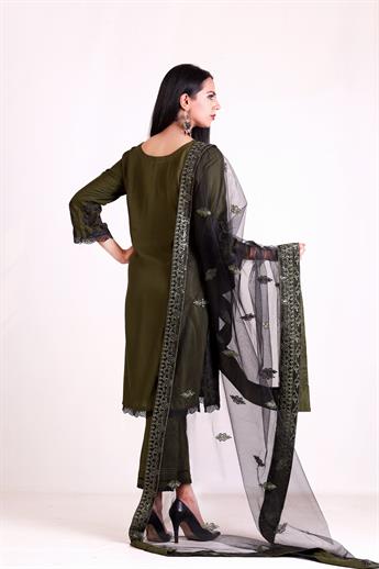 Mehndi Green Embroidered Net Ladies Readymade