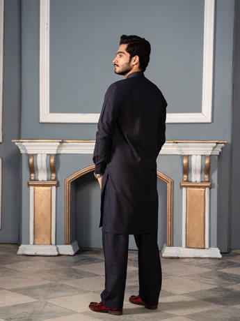 Navy Cotton Blend Solid Styles Long Men's Wear Kurta Pyjama