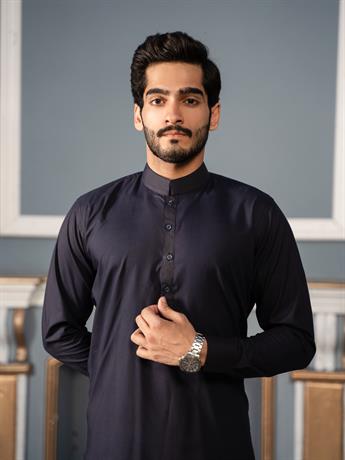 Navy Cotton Blend Solid Styles Long Men's Wear Kurta Pyjama