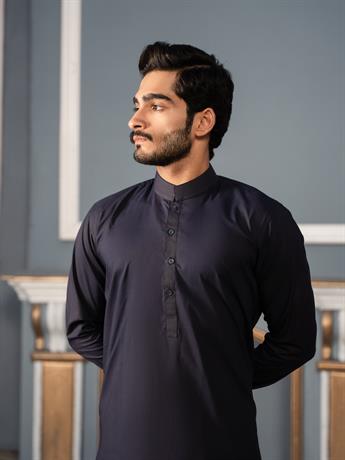 Navy Cotton Blend Solid Styles Long Men's Wear Kurta Pyjama