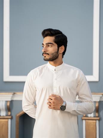 Off White Cotton Blend Solid Styles Long Men's Wear Kurta Pyjama