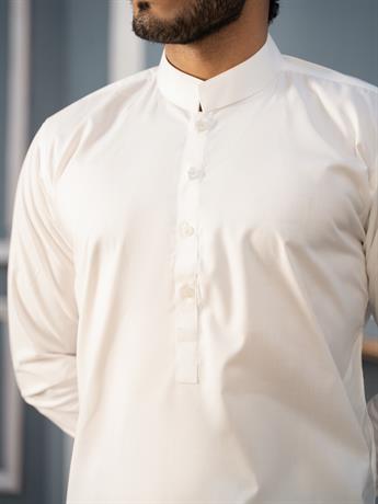 Off White Cotton Blend Solid Styles Long Men's Wear Kurta Pyjama