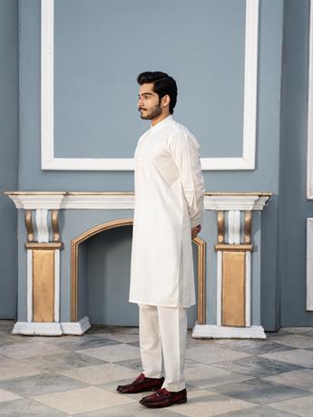 Off White Cotton Blend Solid Styles Long Men's Wear Kurta Pyjama