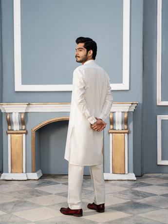 Off White Cotton Blend Solid Styles Long Men's Wear Kurta Pyjama