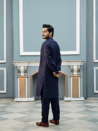 Navy Blue Sequinned Chikankari Embroidered Raw SilkMen Kurta Pyjama