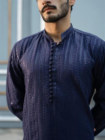 Navy Blue Sequinned Chikankari Embroidered Raw SilkMen Kurta Pyjama