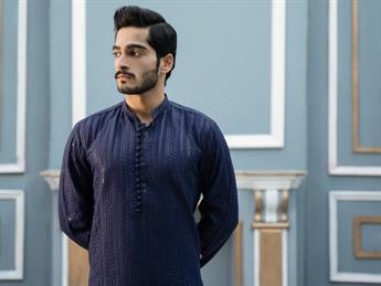 Navy Blue Sequinned Chikankari Embroidered Raw SilkMen Kurta Pyjama