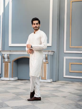 White Sequinned Chikankari Embroidered Raw SilkMen Kurta Pyjama