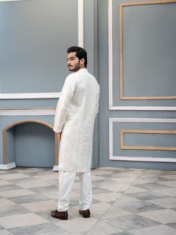 White Sequinned Chikankari Embroidered Raw SilkMen Kurta Pyjama