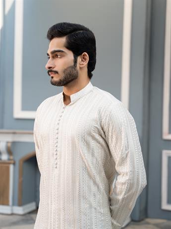White Sequinned Chikankari Embroidered Raw SilkMen Kurta Pyjama