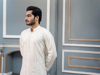 White Sequinned Chikankari Embroidered Raw SilkMen Kurta Pyjama