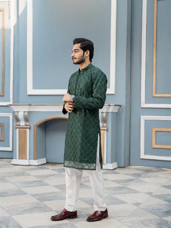 Green Straight-Cut Soft Tulle Net with Sequins Kurta Set