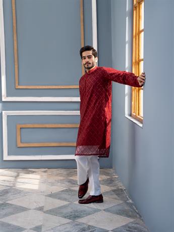 Maroon Straight-Cut Soft Tulle Net with Sequins Kurta Set