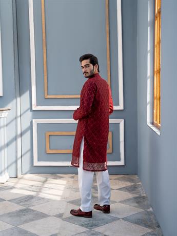Maroon Straight-Cut Soft Tulle Net with Sequins Kurta Set
