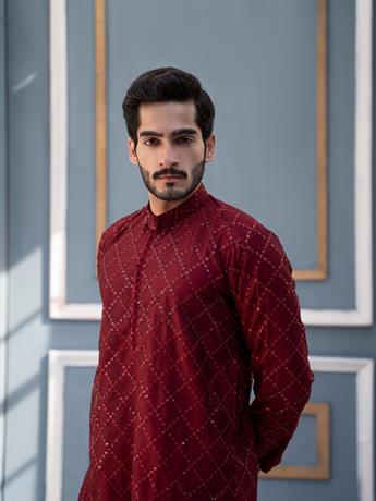 Maroon Straight-Cut Soft Tulle Net with Sequins Kurta Set