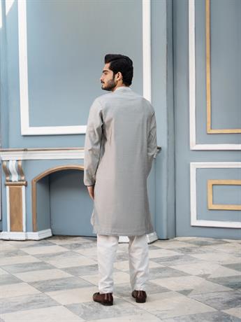 Grey Mens Faux Diamond Style Embroidery Kurta Pajama Sets