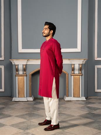 Hot Pink Mens Faux Diamond Style Embroidery Kurta Pajama Sets