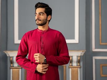 Hot Pink Mens Faux Diamond Style Embroidery Kurta Pajama Sets