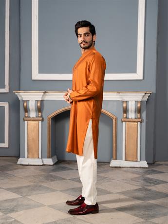 Mustard Mens Faux Diamond Style Embroidery Kurta Pajama Sets