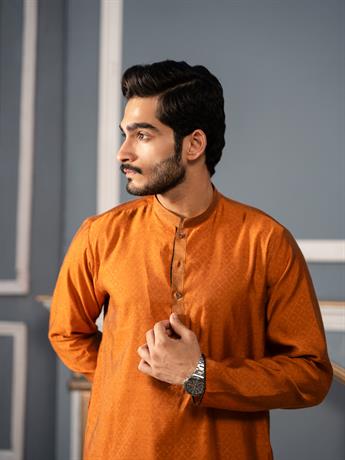 Mustard Mens Faux Diamond Style Embroidery Kurta Pajama Sets