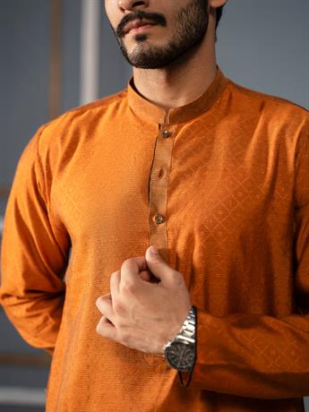 Mustard Mens Faux Diamond Style Embroidery Kurta Pajama Sets