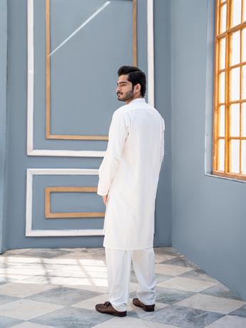Off White Cotton Men Chikankari Style Kurta Pyjama with Heavy Embroidery
