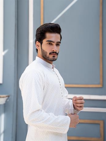 Off White Cotton Men Chikankari Style Kurta Pyjama with Heavy Embroidery