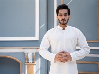 Off White Cotton Men Chikankari Style Kurta Pyjama with Heavy Embroidery