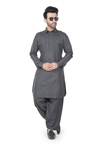 Grey Straight-Cut Mens Pathani Salwar Kameez