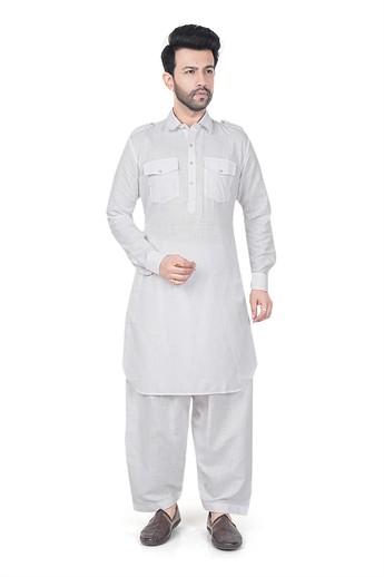 White Straight-Cut Mens Pathani Salwar Kameez