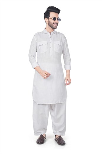 White Straight-Cut Mens Pathani Salwar Kameez