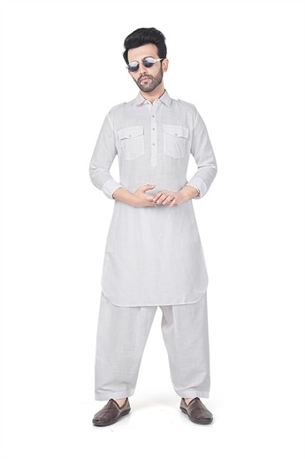 White Straight-Cut Mens Pathani Salwar Kameez