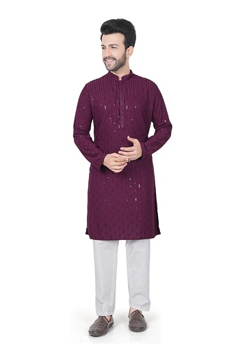 Wine Sequinned Cotton Straight-Cut Mens Kurta Pajama