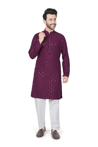 Wine Sequinned Cotton Straight-Cut Mens Kurta Pajama
