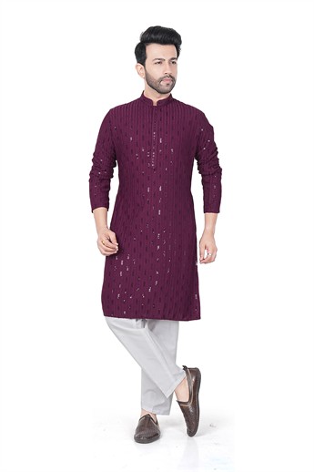 Wine Sequinned Cotton Straight-Cut Mens Kurta Pajama