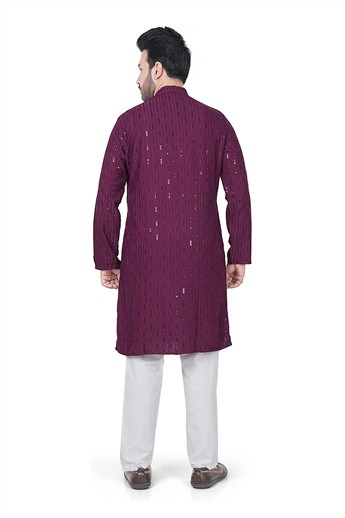 Wine Sequinned Cotton Straight-Cut Mens Kurta Pajama