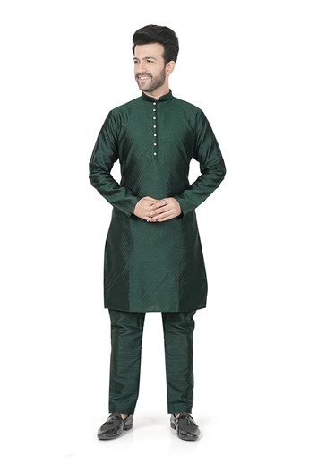 Bottle Green Men’s Ethnic Kurta Pyjama Set with Self-print Brocade Finish