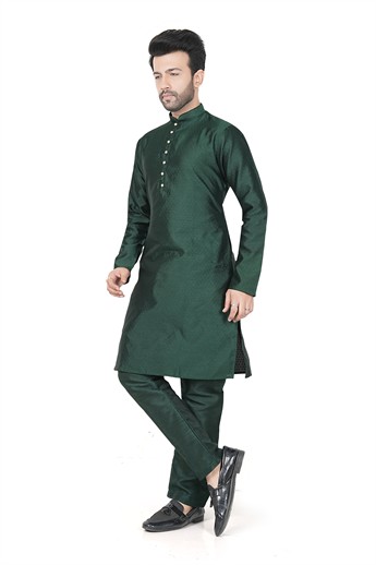 Bottle Green Men’s Ethnic Kurta Pyjama Set with Self-print Brocade Finish