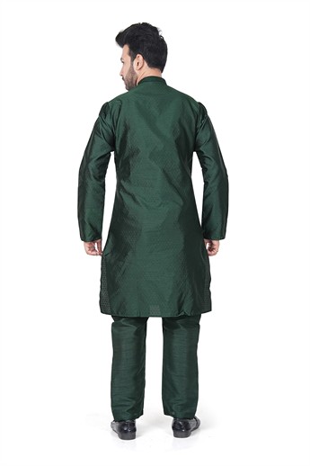 Bottle Green Men’s Ethnic Kurta Pyjama Set with Self-print Brocade Finish