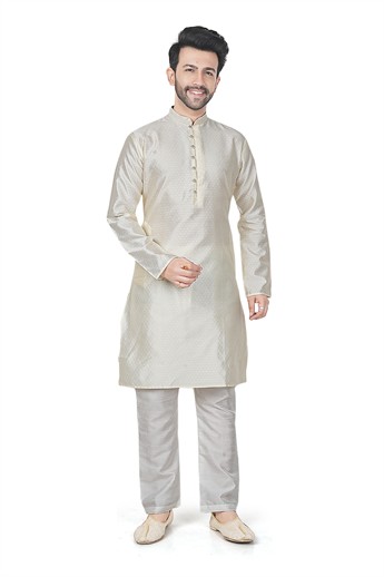 Cream Men’s Ethnic Kurta Pyjama Set with Self-print Brocade Finish