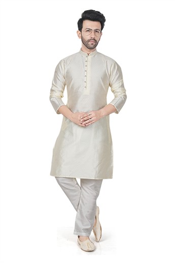 Cream Men’s Ethnic Kurta Pyjama Set with Self-print Brocade Finish