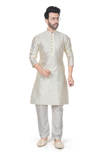 Cream Men’s Ethnic Kurta Pyjama Set with Self-print Brocade Finish