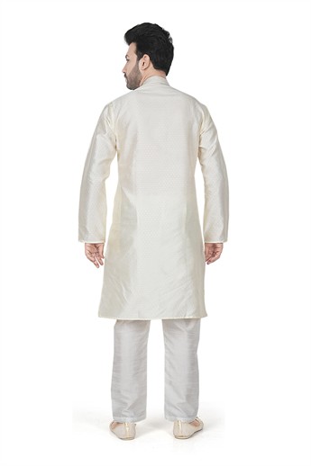 Cream Men’s Ethnic Kurta Pyjama Set with Self-print Brocade Finish