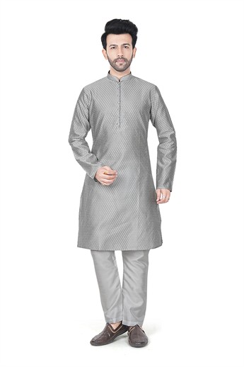 Grey Men’s Ethnic Kurta Pyjama Set with Self-print Brocade Finish