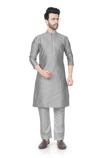 Grey Men’s Ethnic Kurta Pyjama Set with Self-print Brocade Finish