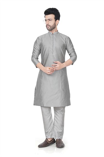 Grey Men’s Ethnic Kurta Pyjama Set with Self-print Brocade Finish