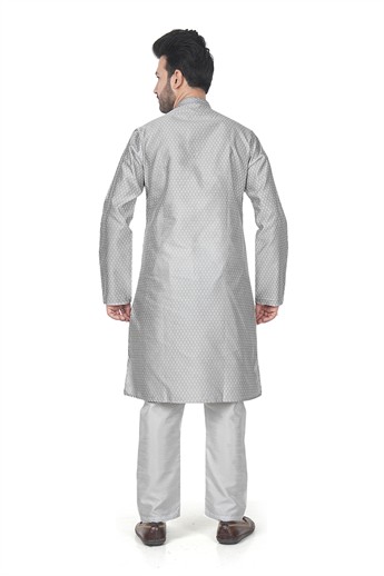 Grey Men’s Ethnic Kurta Pyjama Set with Self-print Brocade Finish