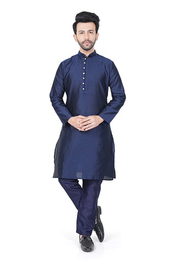 Navy Men’s Ethnic Kurta Pyjama Set with Self-print Brocade Finish